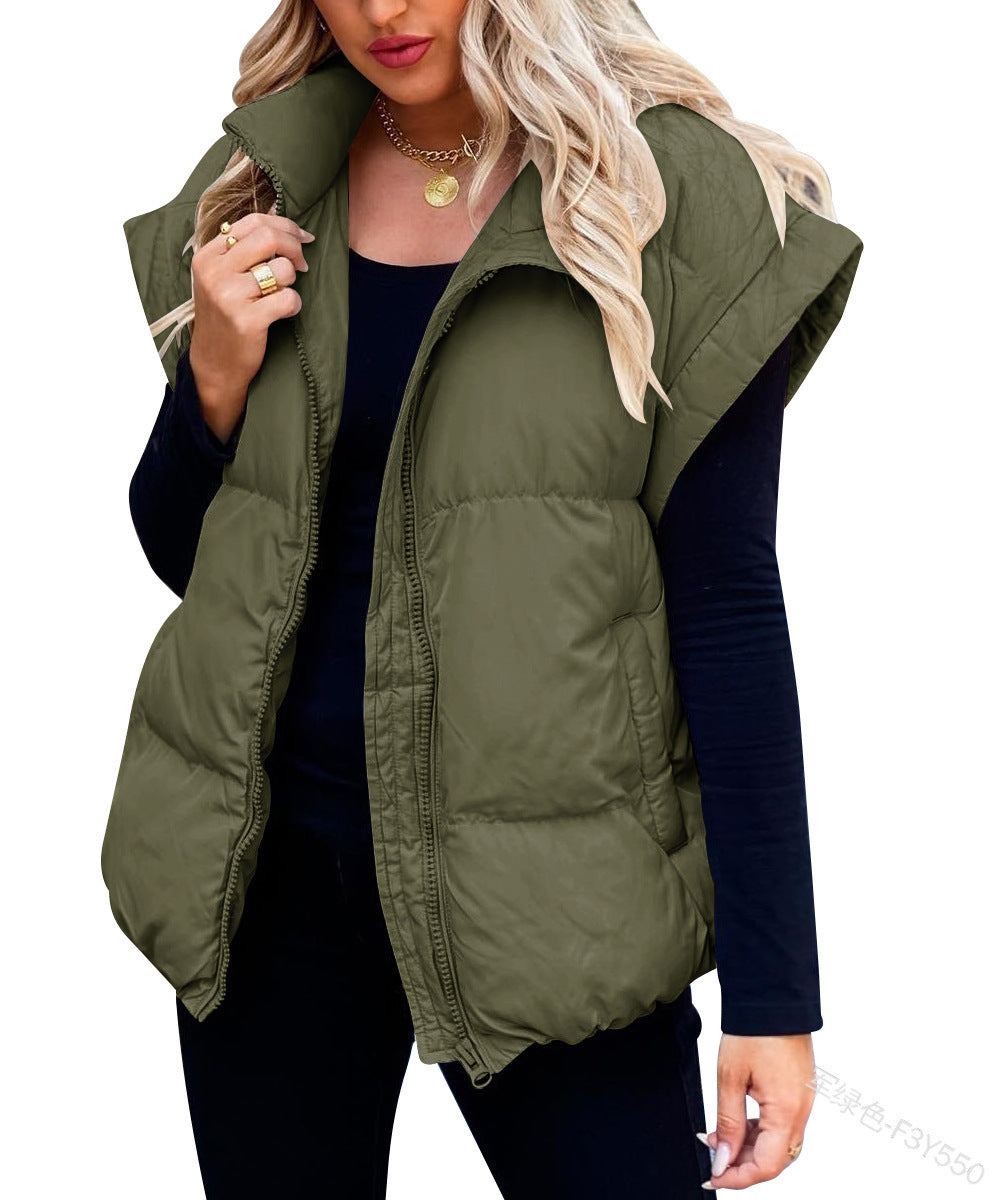 Women's Solid Colour Zipper Pocket Cotton-Padded Vest Coat - Stand Collar Temperament Commute Coat