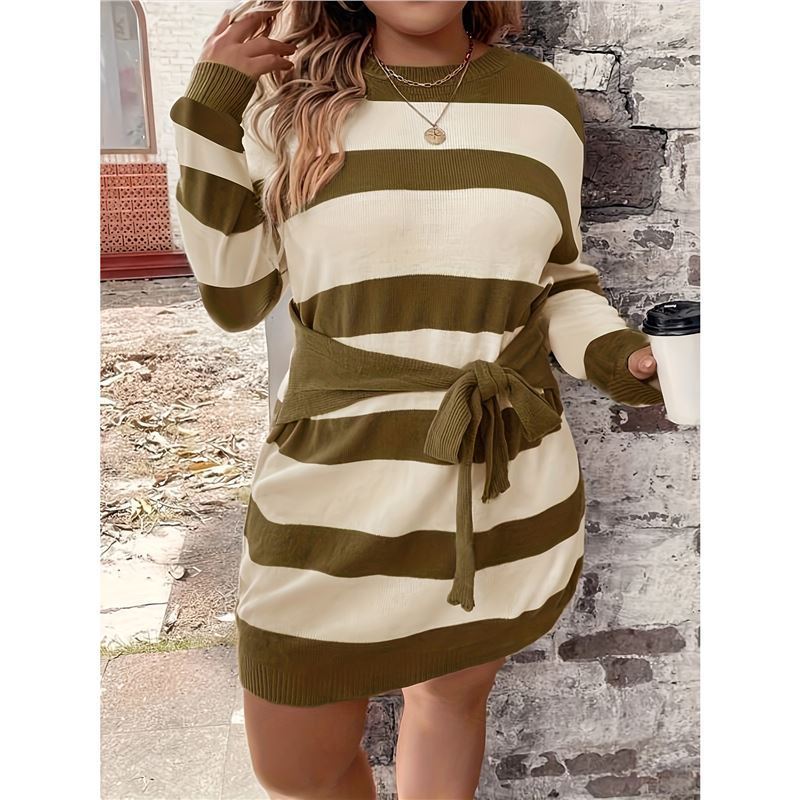Plus Size Fashion Striped European And American Leisure Knitted Dress For Women