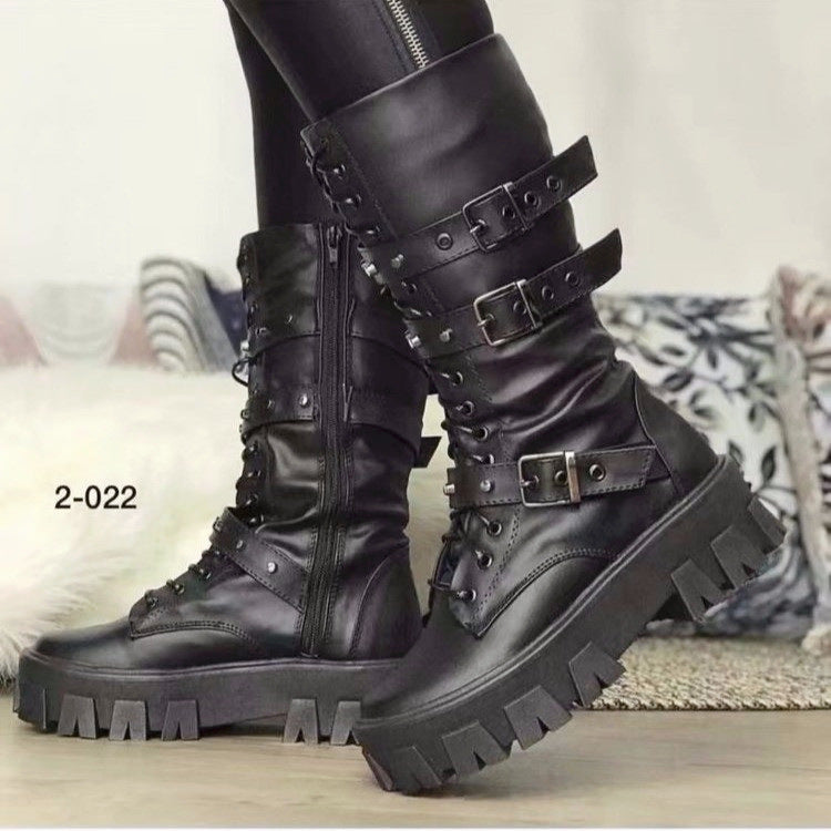 Women's Martin Lace-Up Combat Boot - Mid Calf Platform Boots