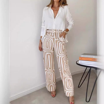 Women's Casual Long-Sleeved Lapel Shirt Printed Wide-Leg Pants Suit