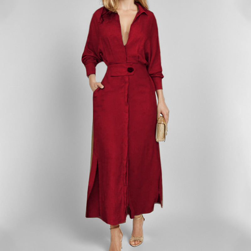 Women's Elegant Tied Solid Colour Waisted Long-Sleeved Shirt Dress