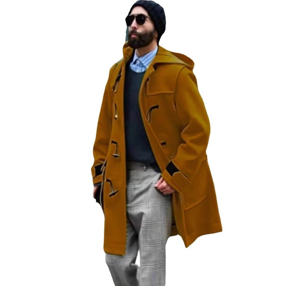 Men's Retro Horn Button Hooded Woollen Trench Coat