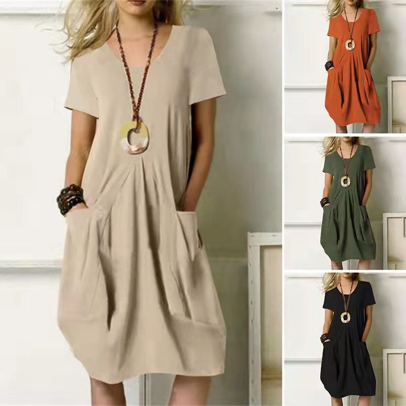 Women's Cotton And Linen Solid Colour Loose Round Neck Short Sleeve Dress