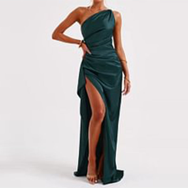 Women's Sexy One-Shoulder Backless Slit Dress, Summer Elegant Slim-Fit - Solid Colour Satin Dresses