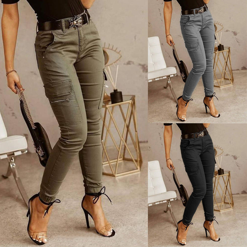 European And American Women's Trousers, Low-Waisted Buttons, Solid Colour Pockets