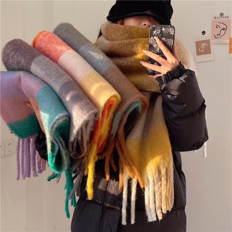 Women's Plaid Tassel Scarf Rainbow Colour-Blocking Shawl