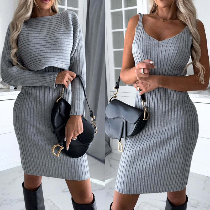 Women's 2PCS Suit Solid Stripe, Long-Sleeved Top And Tight Suspender Skirt Suitable For Autumn & Winter