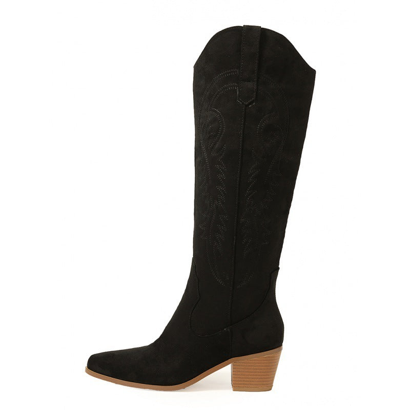 Women's Chunky Heel Knee-High Embroidery Slip-On Middle Boots
