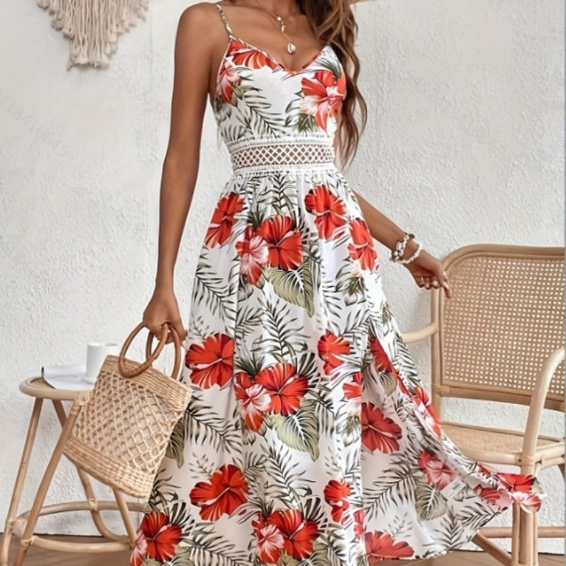 Printed V-Neck Brace Lace Stitching High Slit Dress