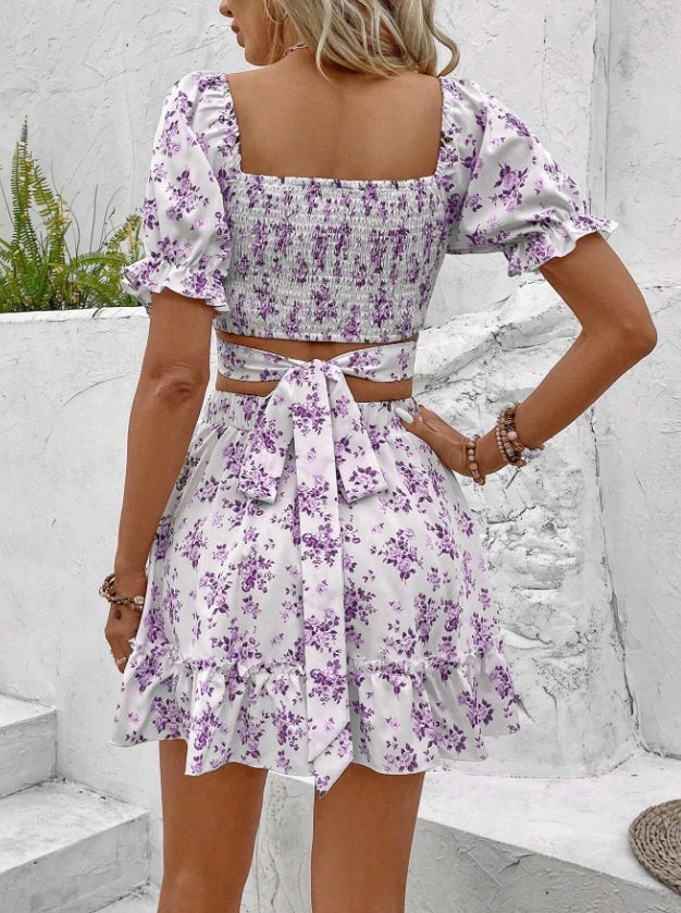 Women's Two Piece Set With Ditsy Floral Print Dress