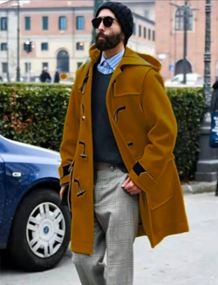 Men's Retro Horn Button Hooded Woollen Trench Coat