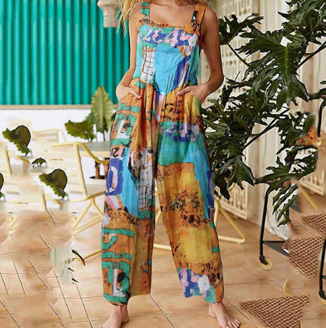 Patchwork Printed Button Suspender Jumpsuit For Women