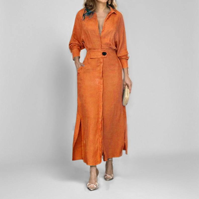 Women's Elegant Tied Solid Colour Waisted Long-Sleeved Shirt Dress