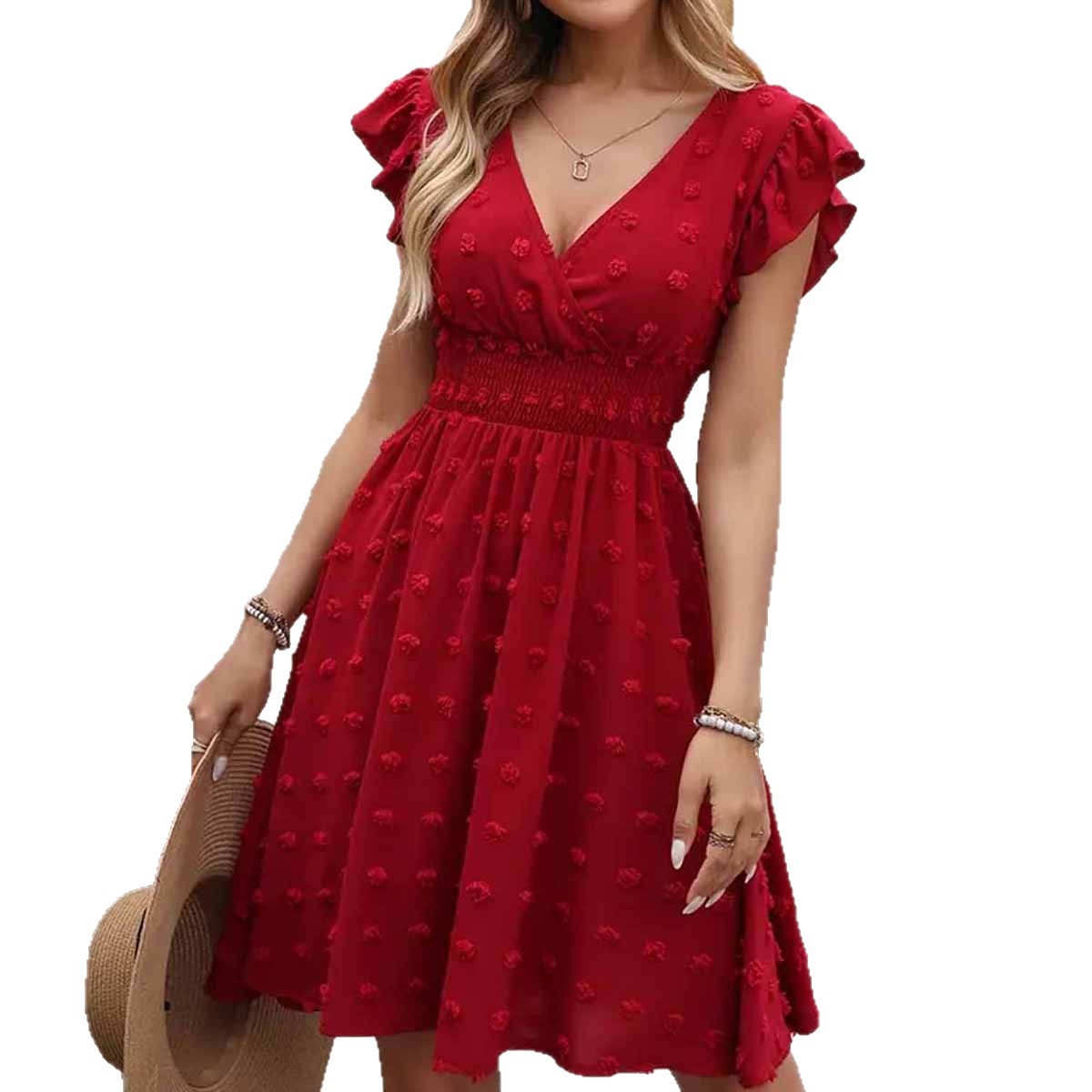 Jacquard Big Fur Ball Elastic Waist Ruffle Sleeve Short Sleeve V-Neck Dress