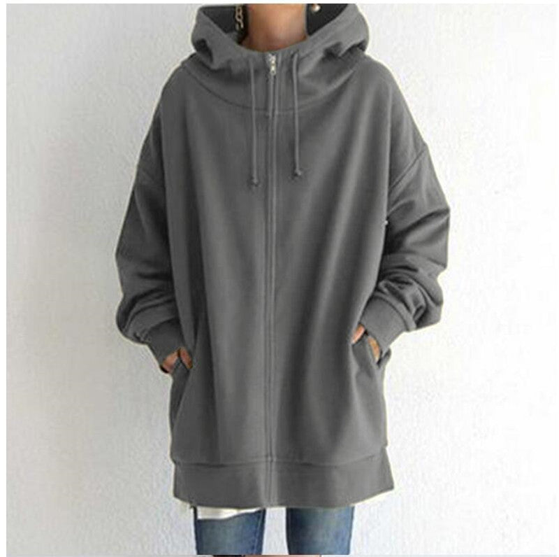 Women's Oversized Loose Hooded Coats, Autumn Tie Collar Long Sleeve Zipper Up And Velvet Long Sweatshirt Sizes S-5XL