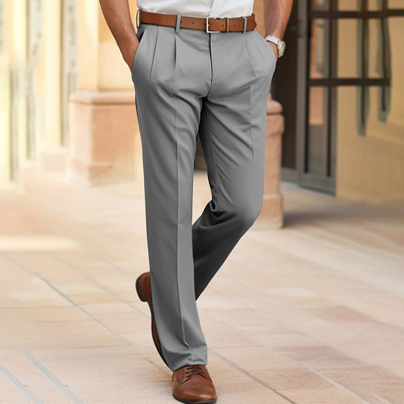 Men's Office Business Formal Straight Long Pants -  Mid Waist Trousers