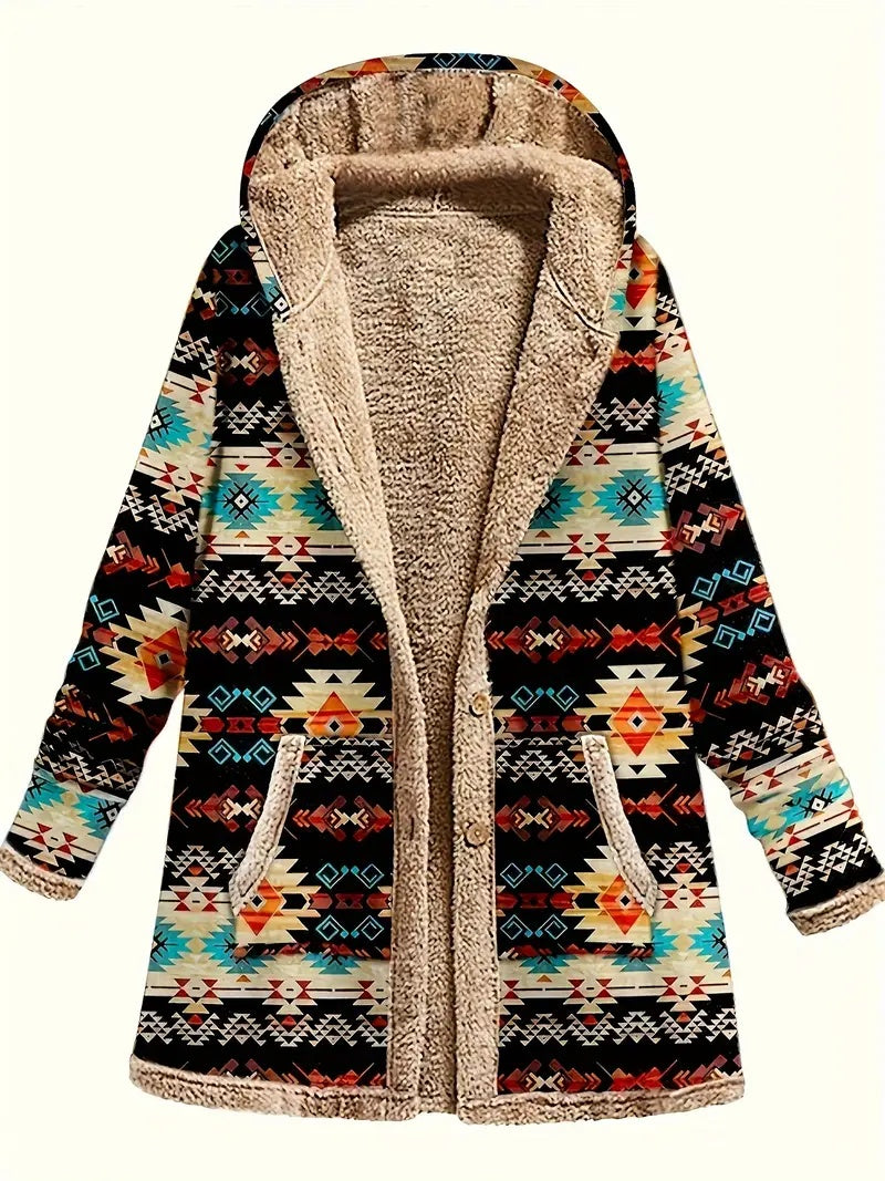 Women's Cotton And Linen Printed Hoodie, Warm Plush Coat For Ladies