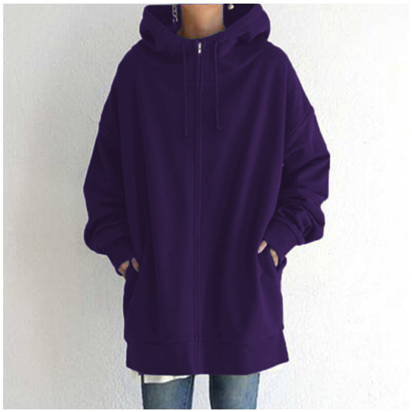 Women's Oversized Loose Hooded Coats, Autumn Tie Collar Long Sleeve Zipper Up And Velvet Long Sweatshirt Sizes S-5XL