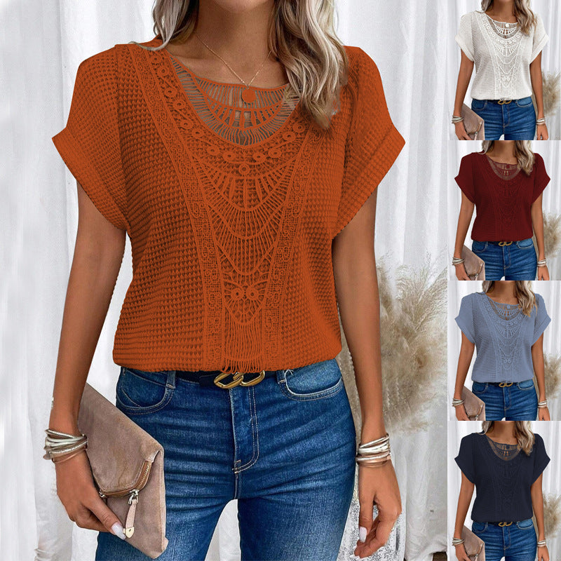 Women's Summer Hollow Out Short-Sleeved T-Shirt - Ethnic Style Tops For Ladies