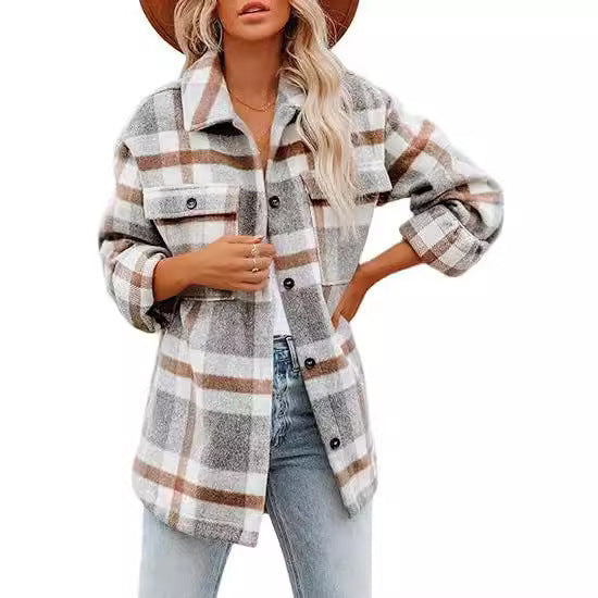 Women's Plaid Buckle Jacket Casual Fashion Long-Sleeve Coat