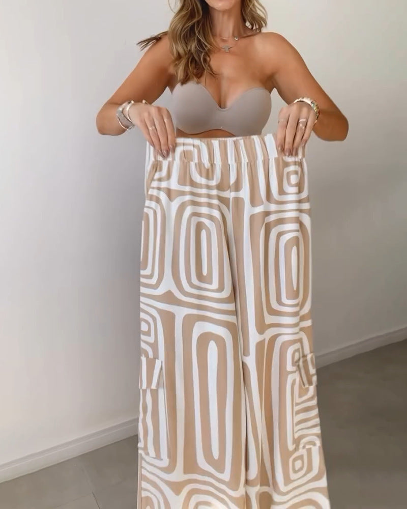 Women's Casual Long-Sleeved Lapel Shirt Printed Wide-Leg Pants Suit