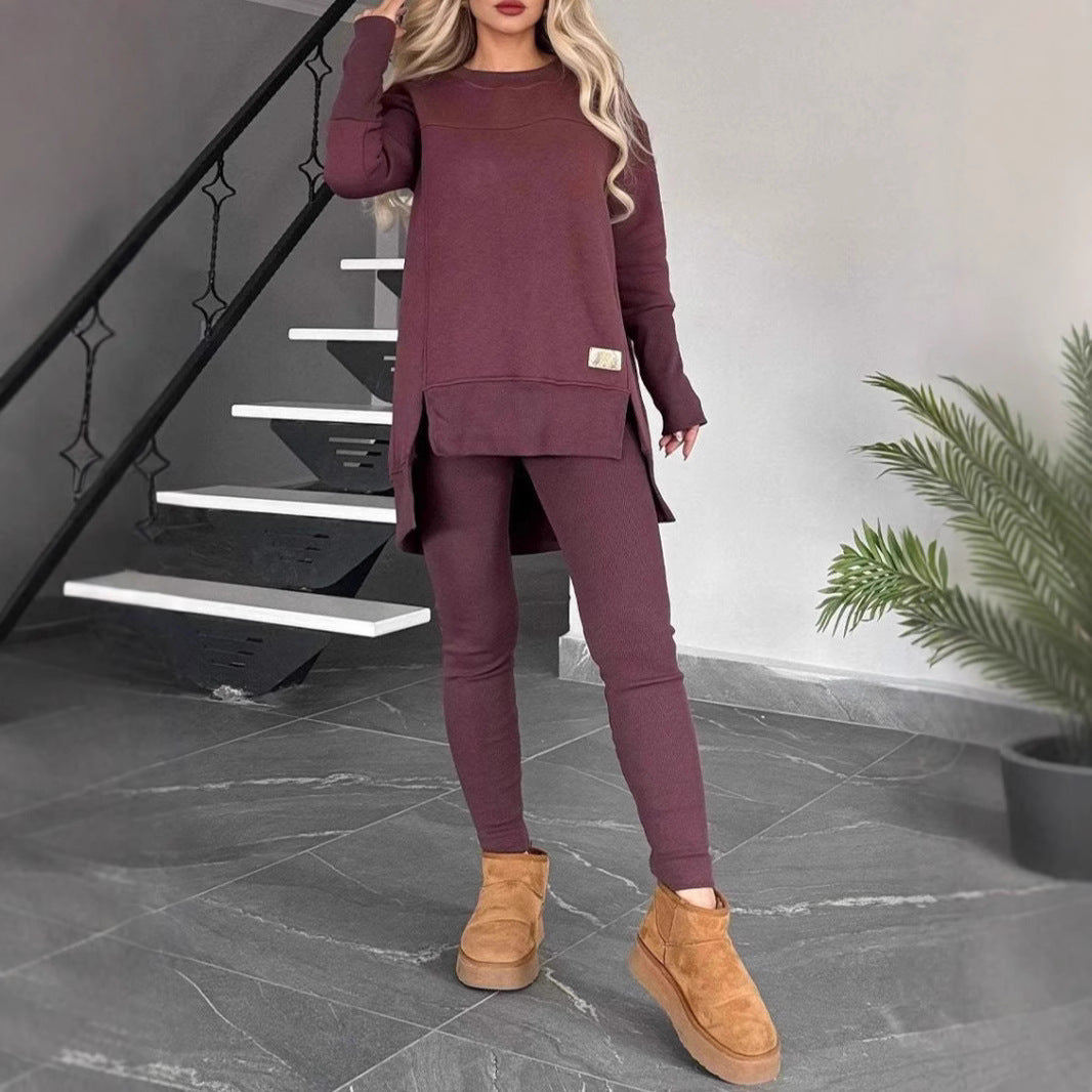 Women's Slit Long-Sleeve Top And Trousers Suit