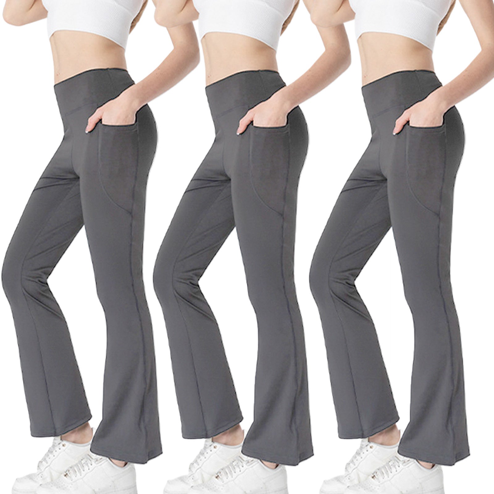 Ladies Mid Waist Abdominal-Shaping Slimming Cropped Pants - Casual Pocket Bootcut Trousers