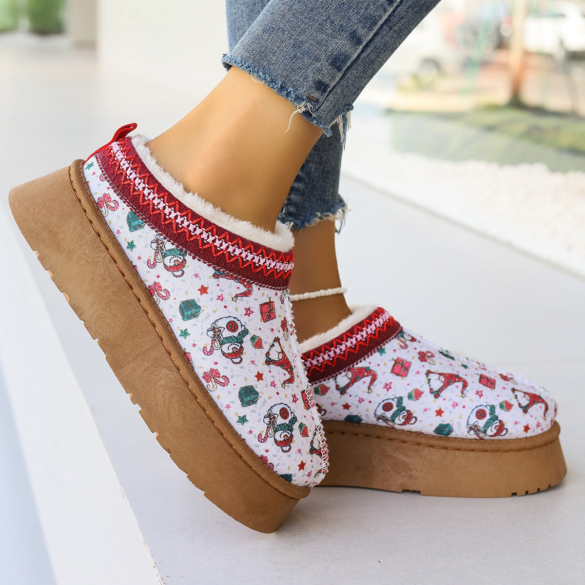 Women's Winter Cartoon Christmas Print Ankle Boots - Casual Slip On Plush Lined Comfortable Home Shoes