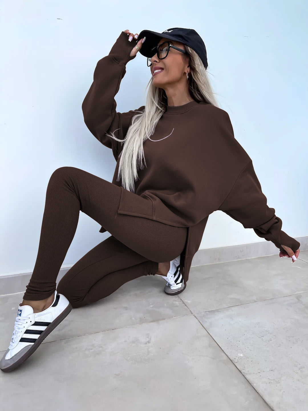 Women's Sweater Suit - Casual Loose Long Sleeve Crew Neck Split Top With Tight Trousers