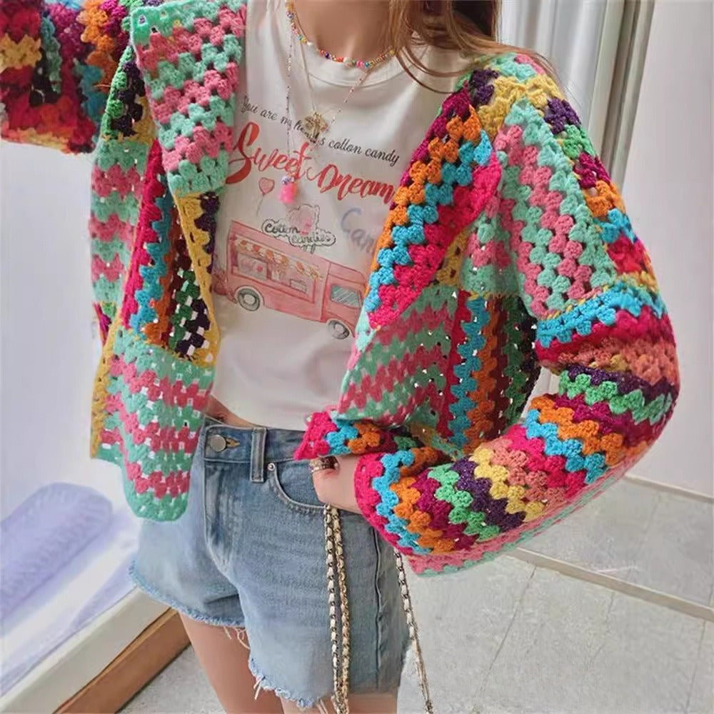 Sweet Heavy Industry Colour Woven Crochet Loose Slim Long Sleeve Sweater For Women