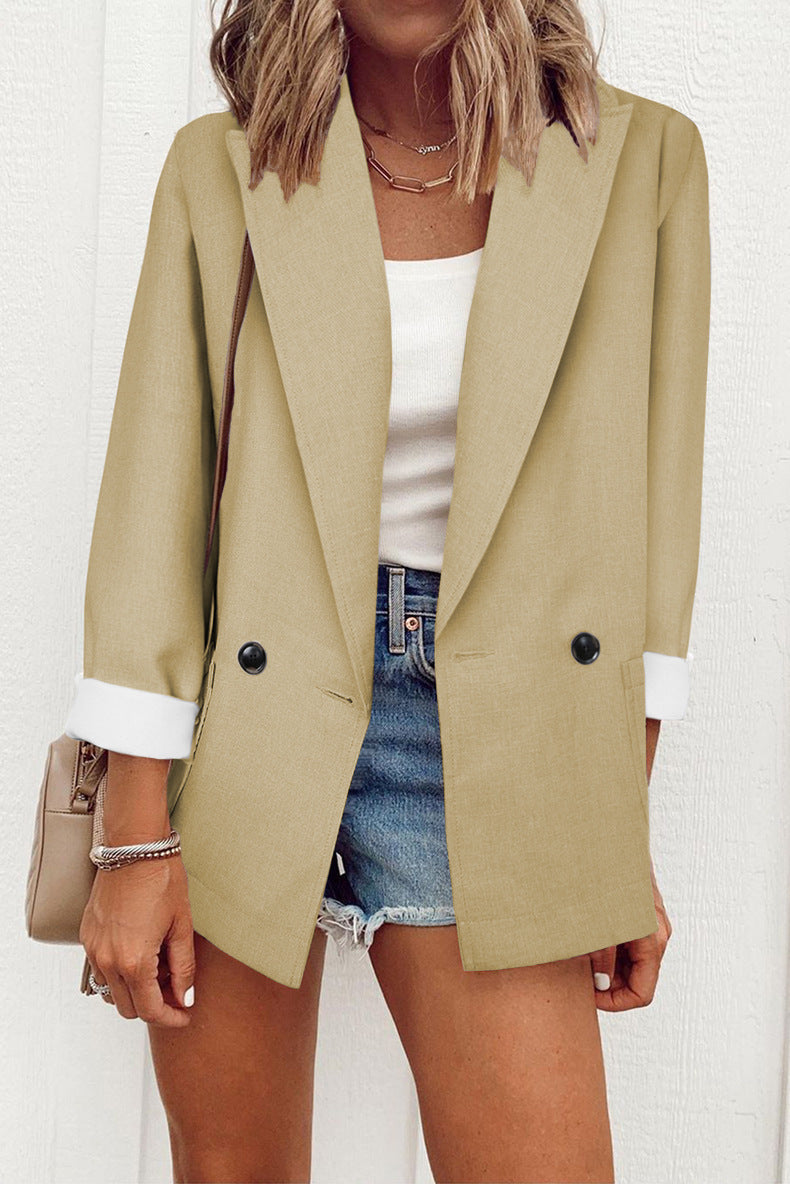 Women's Casual Solid Colour Suit With Collar - Long Sleeve Loose Coat