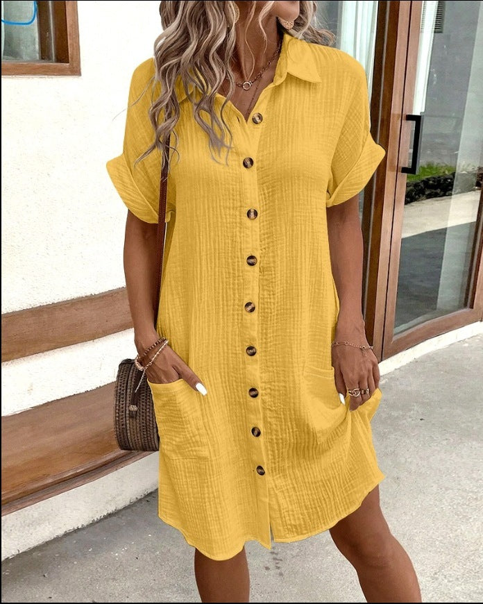 Summer Short Sleeve Shirt Dress Fashion - Solid Colour Single-Breasted Mid-Length Loose Dress