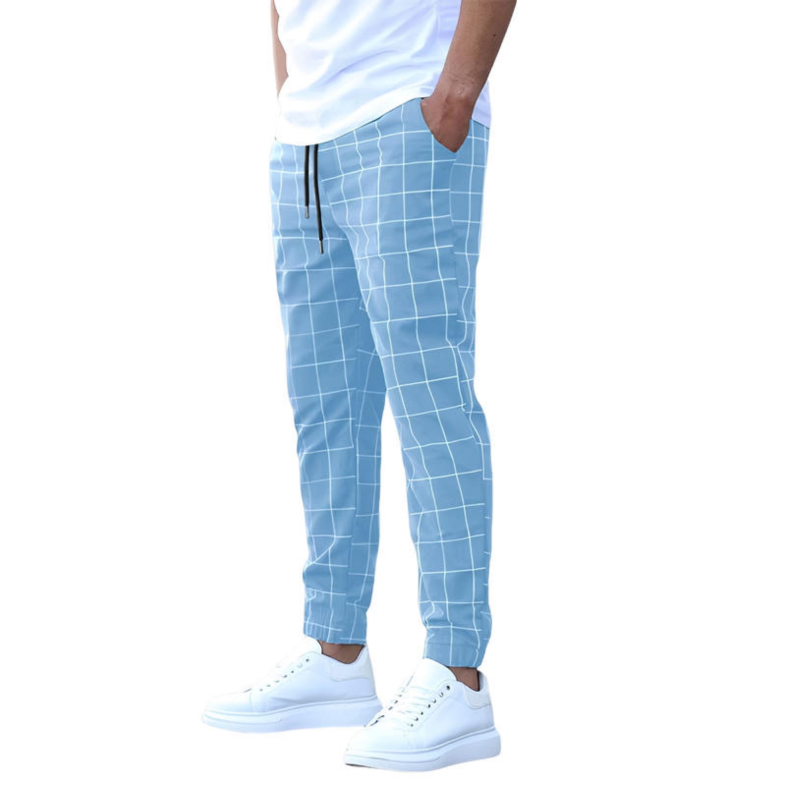 Men's Casual Drawstring Trousers - Plaid Print Pants