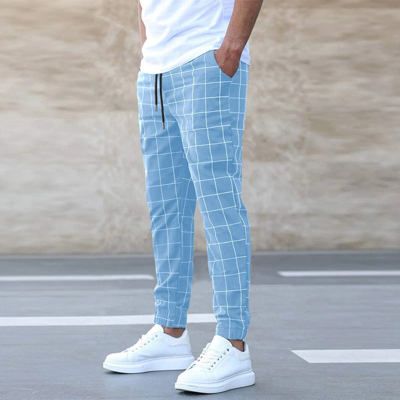 Men's Casual Drawstring Trousers - Plaid Print Pants