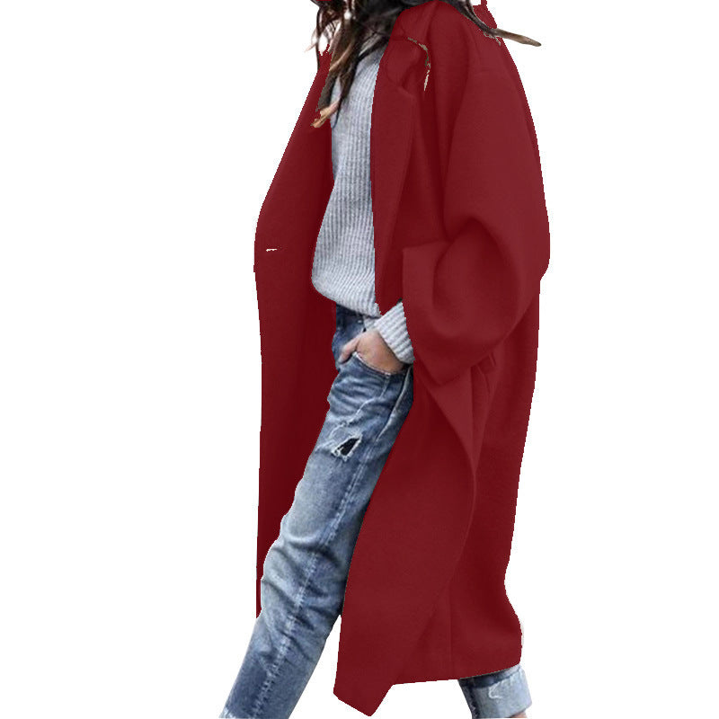 Women's Casual Long Warm Jacket With Pockets - Solid Colour Single Breasted Lapel Woollen Coat For Winter
