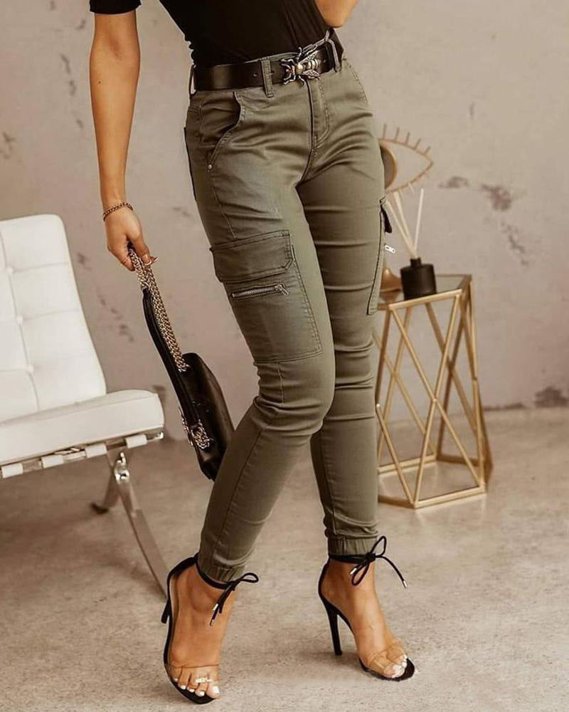 European And American Women's Trousers, Low-Waisted Buttons, Solid Colour Pockets