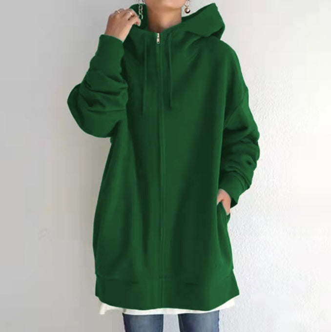 Women's Oversized Loose Hooded Coats, Autumn Tie Collar Long Sleeve Zipper Up And Velvet Long Sweatshirt Sizes S-5XL