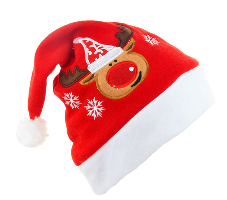 Cartoon Christmas Hat With Elk Santa Claus Embroidery Design - Holiday Party Decoration Fuzzy Hat
