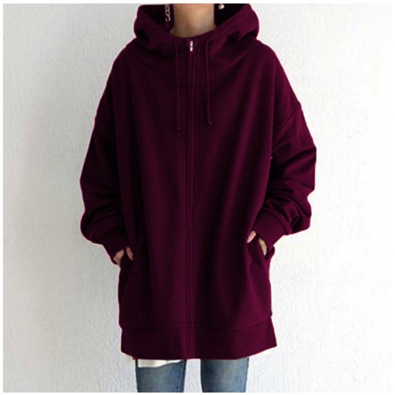 Women's Oversized Loose Hooded Coats, Autumn Tie Collar Long Sleeve Zipper Up And Velvet Long Sweatshirt Sizes S-5XL