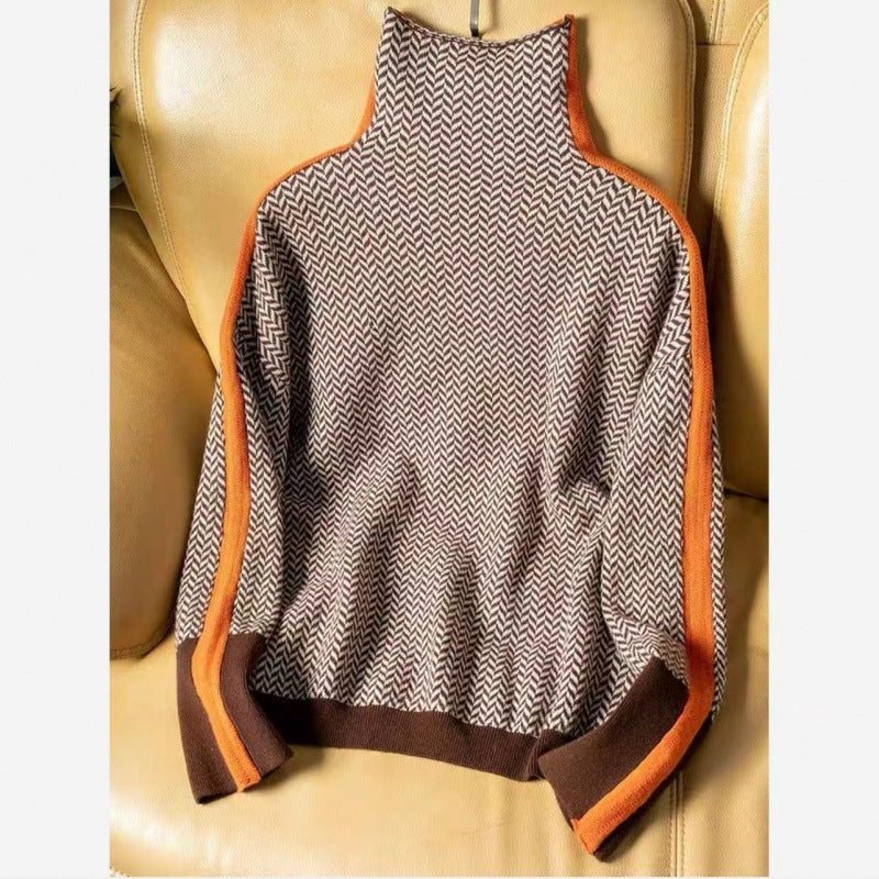 Women's Loose Contrast Colour Sleeve Full Imitation Wool Turtleneck Suitable For Autumn And Winter