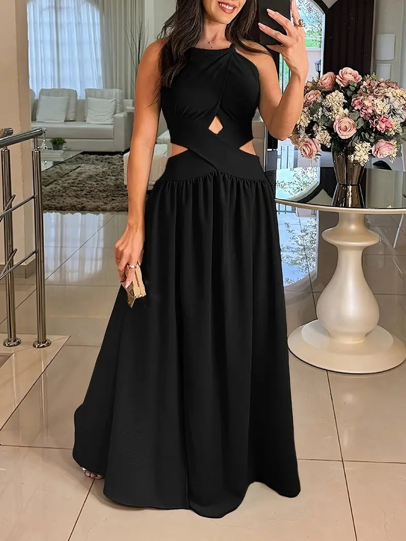 Women's Velvet Slim Fit Pleated Round Neck Dress Waist-Tight Pleating Hip-Wrapped