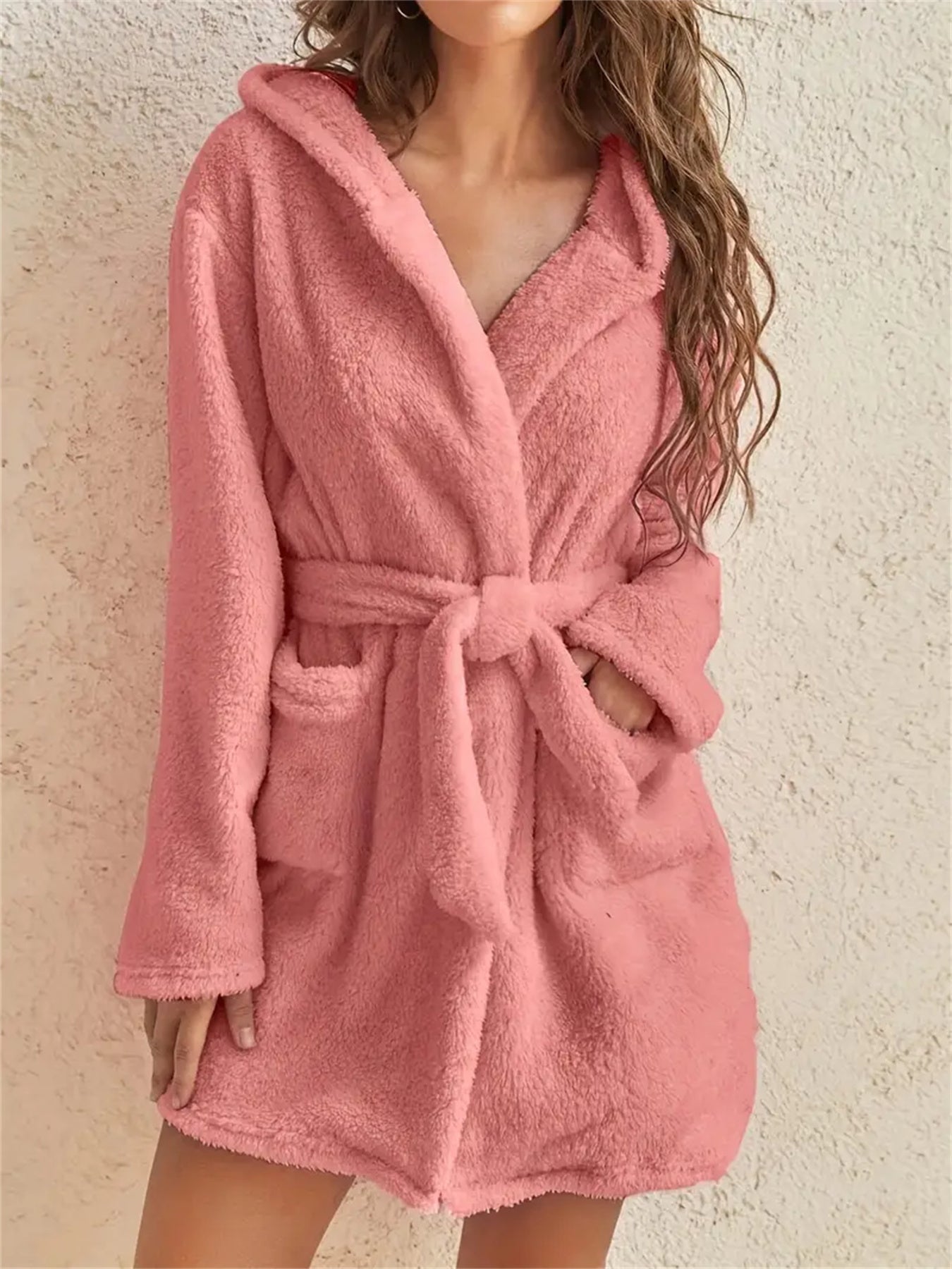 Women's Solid Colour Pockets Hooded Teddy Coat, Casual Long Sleeve Faux Fur Belted Outwear