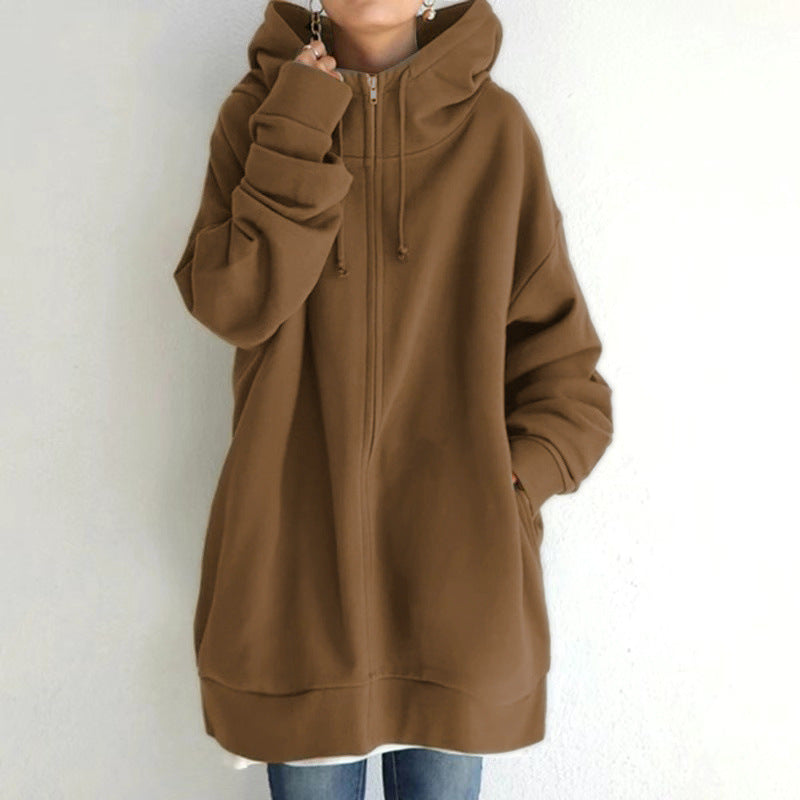 Women's Oversized Loose Hooded Coats, Autumn Tie Collar Long Sleeve Zipper Up And Velvet Long Sweatshirt Sizes S-5XL