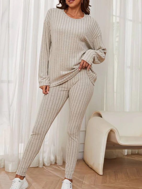 Fashion Casual Long Sleeve Split Irregular Round-Neck Shirt Trousers Suit