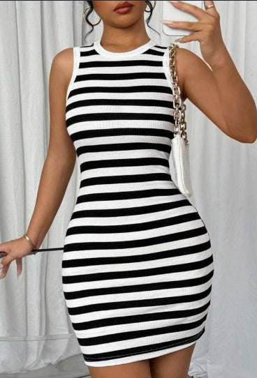 Relaxiva Round Collar Striped Tank Bodycon Sleeveless Mini Dress For Women