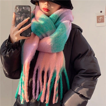 Women's Plaid Tassel Scarf Rainbow Colour-Blocking Shawl