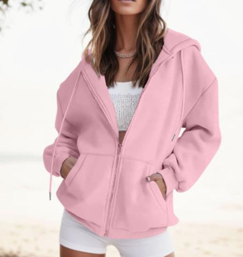Women's Fashion Casual Solid Colour Drawstring Zipper Hooded Sweatshirt