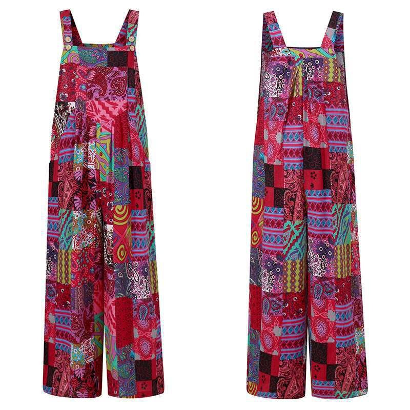 Women's Ethnic Style Suspender Button Printing Jumpsuit