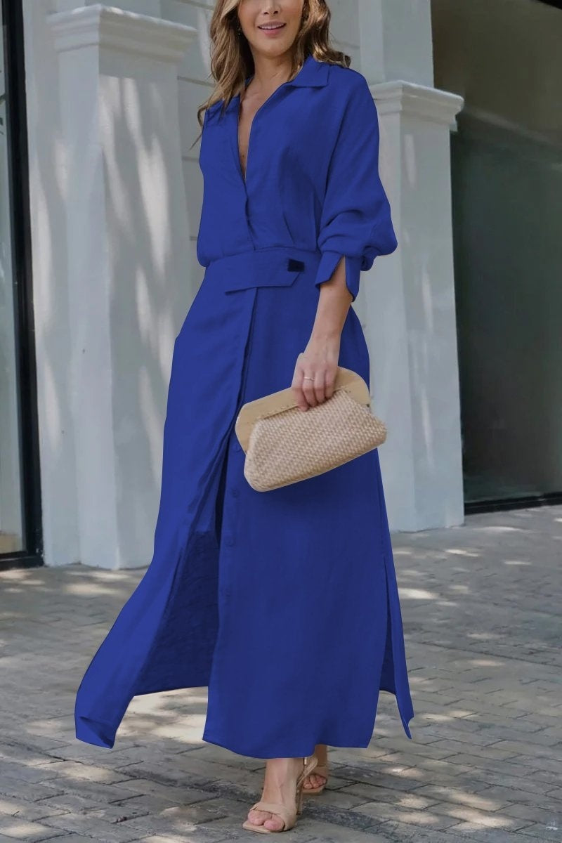 Women's Elegant Tied Solid Colour Waisted Long-Sleeved Shirt Dress