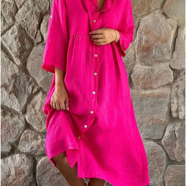Women's Casual Standing Collar Button Long Dress